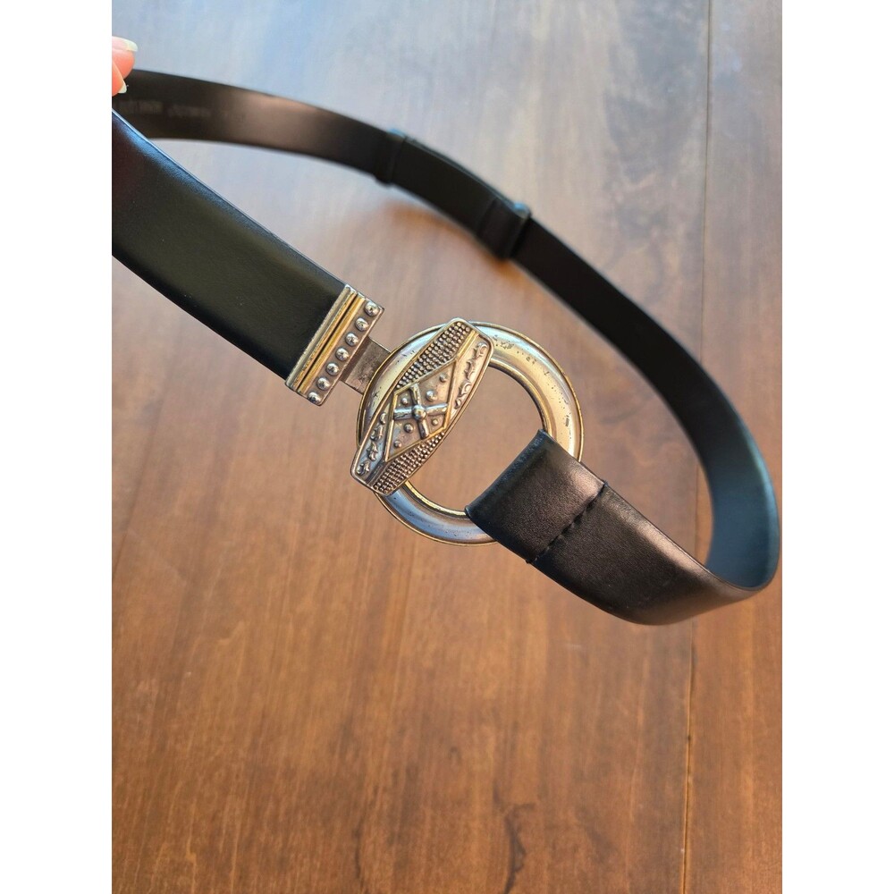 Chico's adjustable slide black leather belt silver gold tone buckle clasp size s
